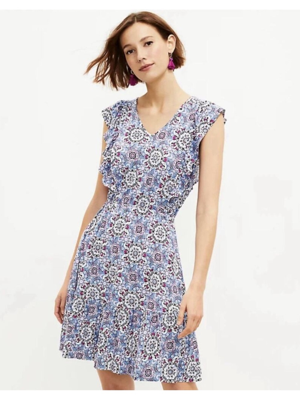 ❤️‍🔥BOGO FREE LOFT Medallion Ruffle Floral Blue Summer Petite Mini Dress MP